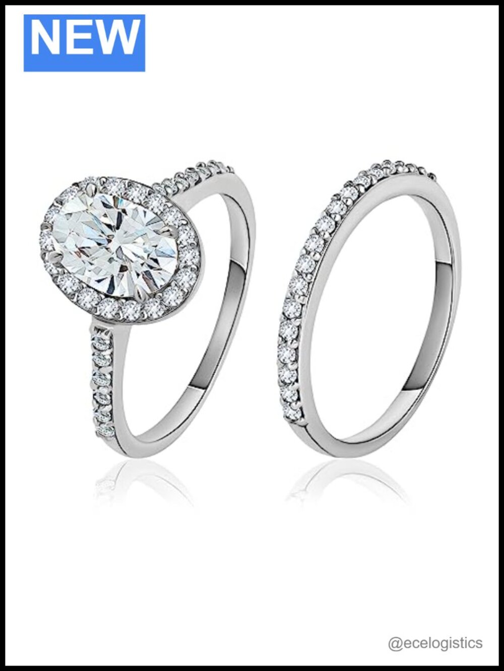 Sterling Silver CZ Halo Oval Bridal Set Ring 8x6mm Wedding Band